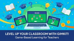 Gimkit educational game platform for teachers displayed on laptop and tablets with learning icons.