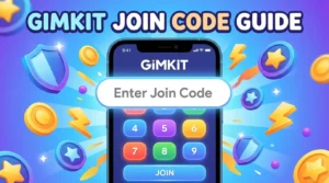 Smartphone displaying Gimkit "Enter Join Code" screen with number pad and gaming icons like coins and stars.