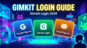 Gimkit login guide showing Google, Clever, and Email sign-in buttons on a retro gaming background.
