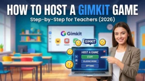 Teacher holding a laptop showing the Gimkit "Host a Game" screen with Start and Classic Mode buttons in a classroom.